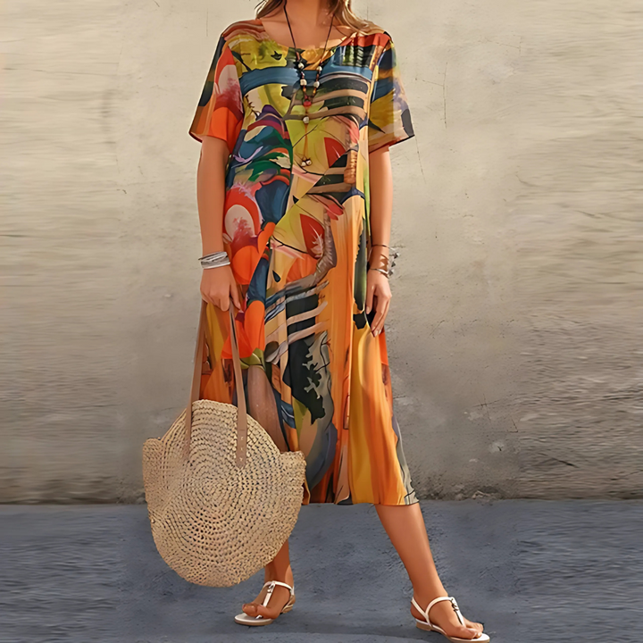 Levoire | Imprimé Abstrait Robe Midi Fluide Pour Femmes Orange
