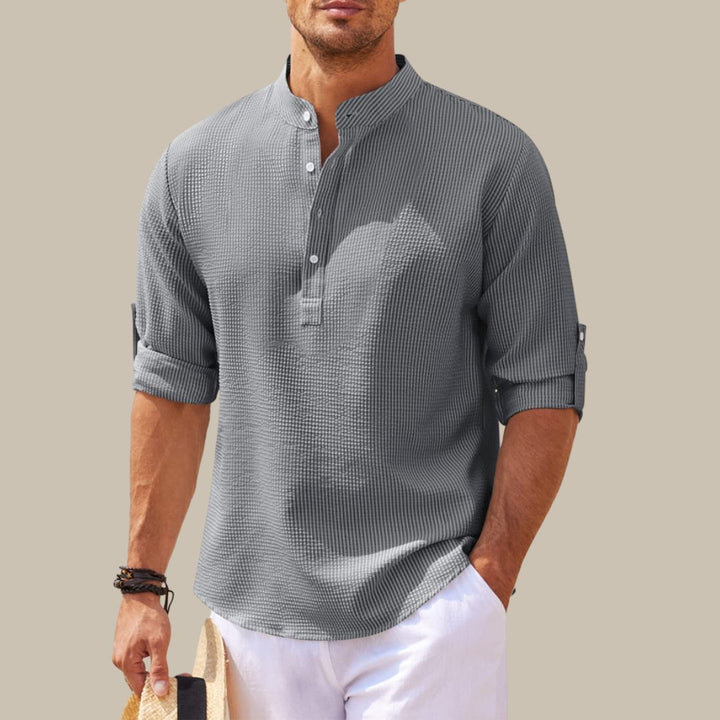 Levoire | Chemise Élégante En Lin Avec Col Mao gris foncé