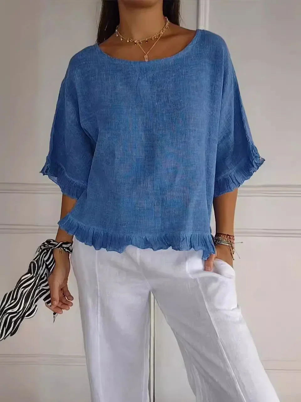 Levoire | Coton Lin Blouse Avec Volants Bleu