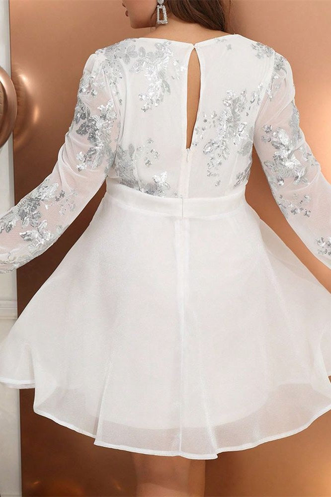 Levoire | Taille Blanc Robe Mini A-ligne Wrap avec Paillettes en Dentelle