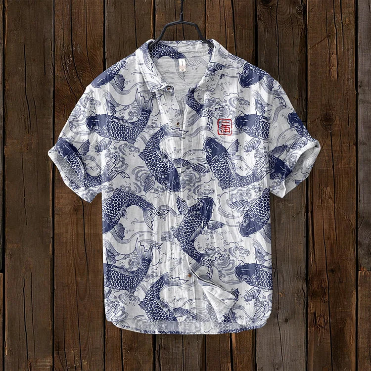 Levoire | Chemise En Mélange De Lin Vintage Fisch Art Japonais Bleu