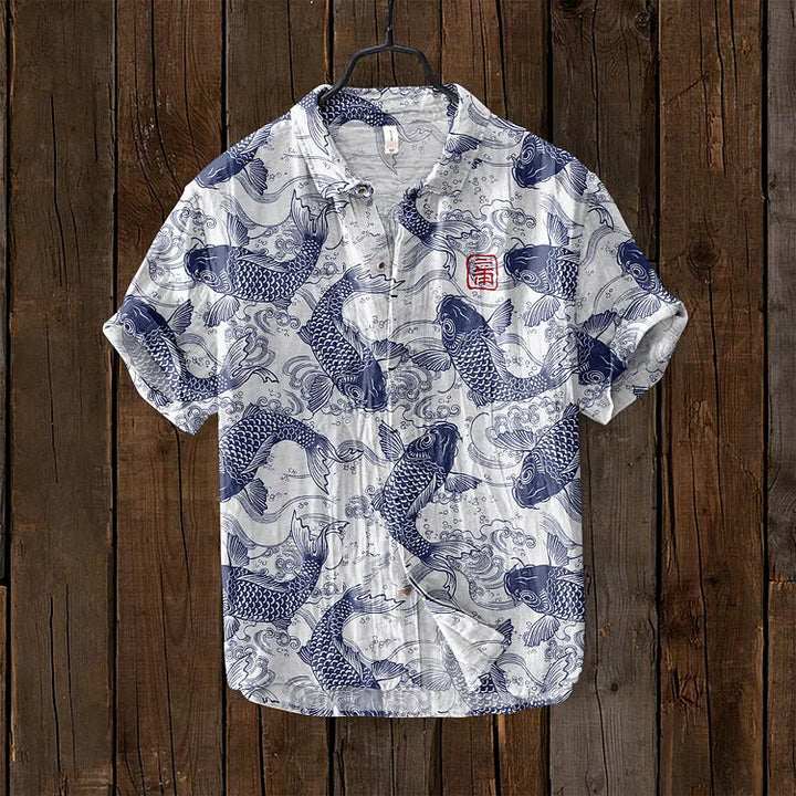 Levoire | Chemise En Mélange De Lin Vintage Fisch Art Japonais Bleu