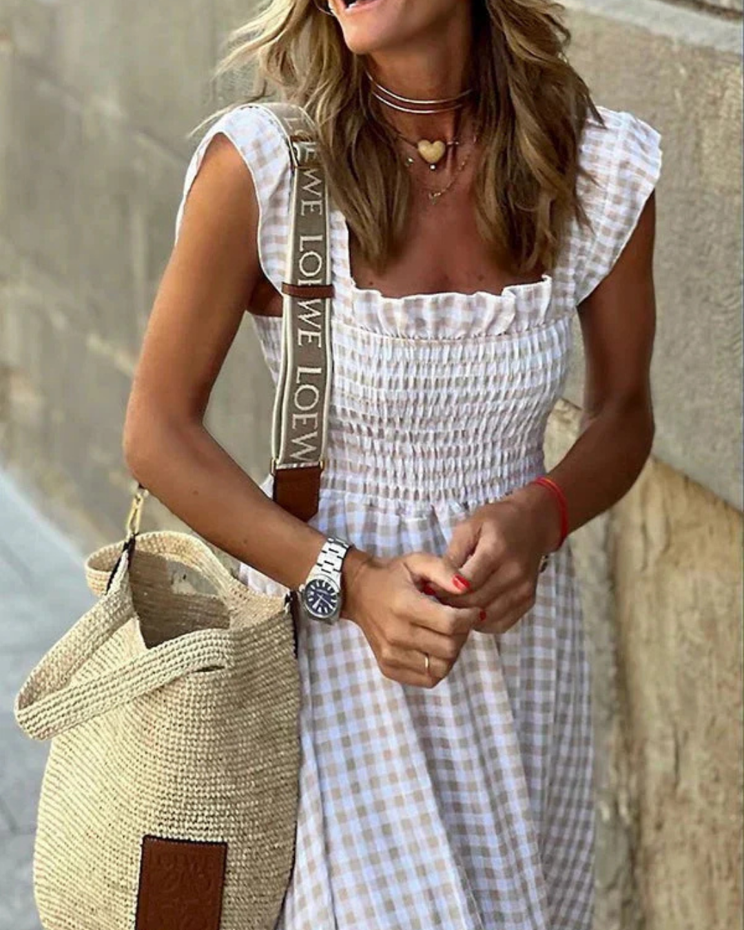 Levoire | Robe maxi été froissée avec motif à carreaux Braun