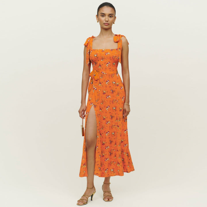 Levoire | Robe Française Longue Décolleté Droit Fentes Orange