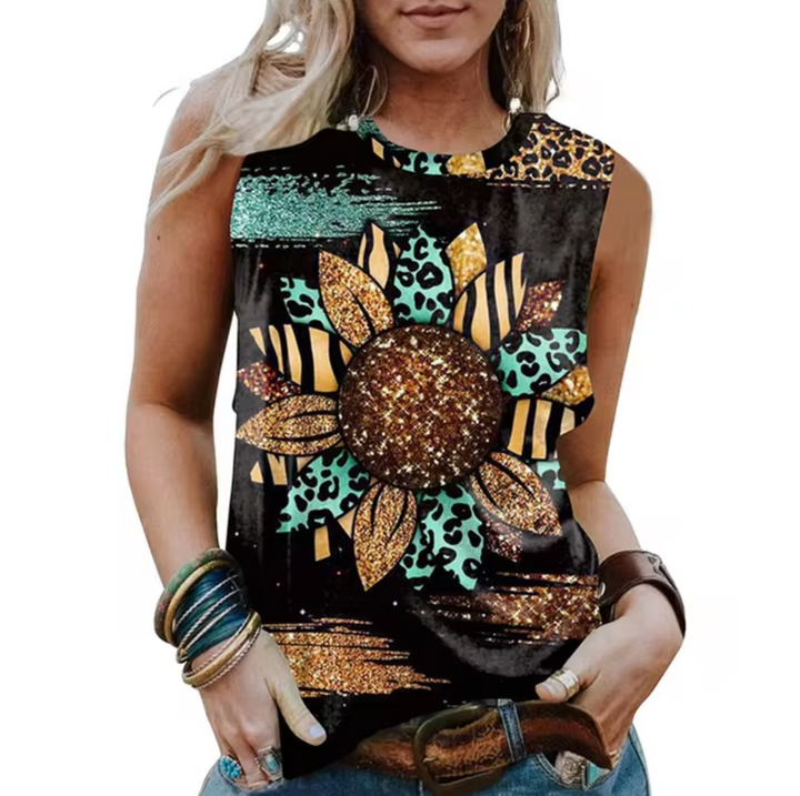 Levoire | T-Shirt Sans Manches Avec Motif De Tournesols Noir