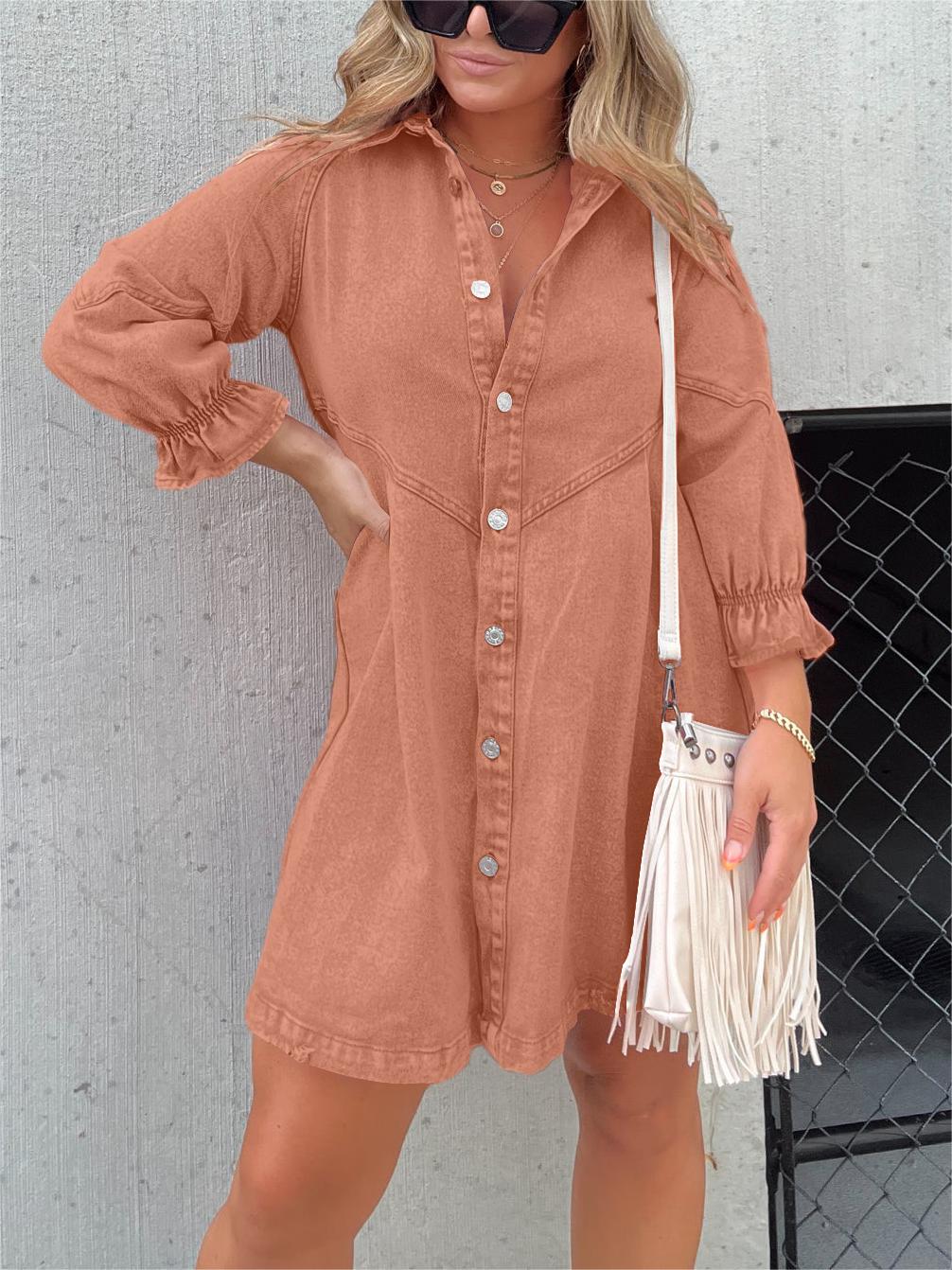 Levoire | Robe Chemise En Denim Élégante Avec Patte De Boutonnage Orange