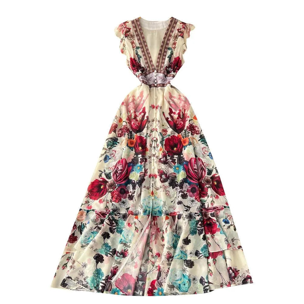 Levoire | Robe longue imprimée pour femmes avec décolleté en V profond
