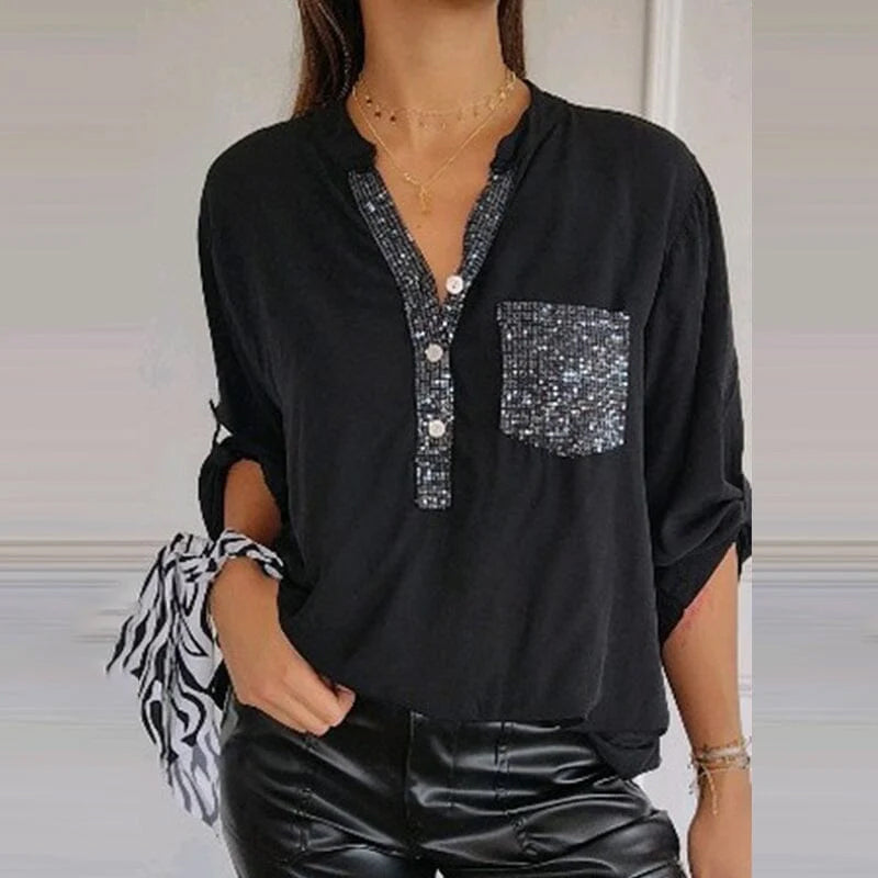 Levoire | Blouse En Coton Avec Paillettes Décolleté En V Noir