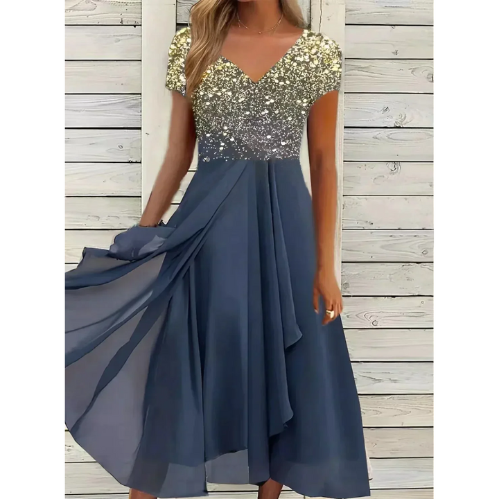Levoire | Midi Robe de fête Décolleté en V Pour Femmes Or Bleu