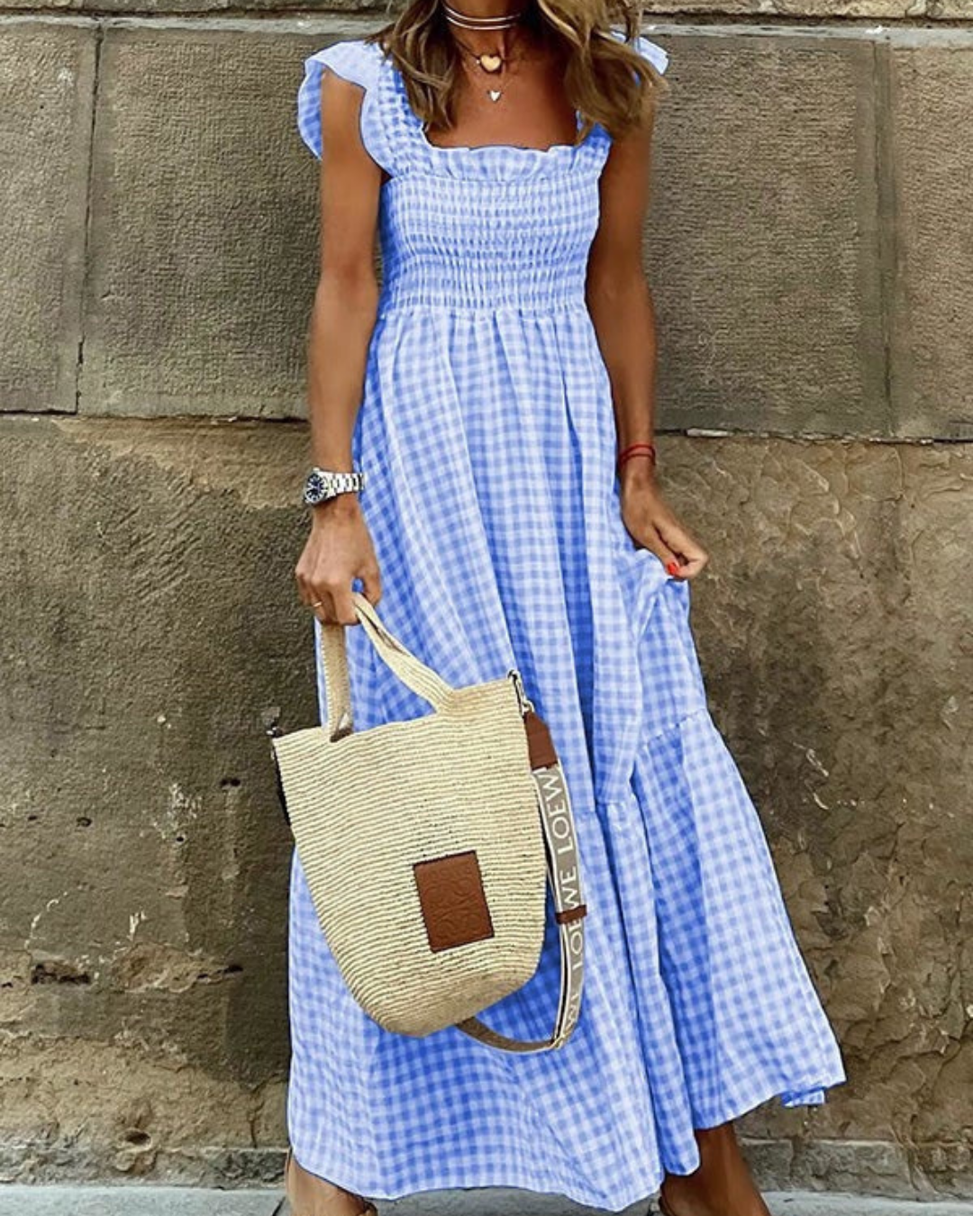 Levoire | Robe maxi été froissée avec motif à carreaux Bleu