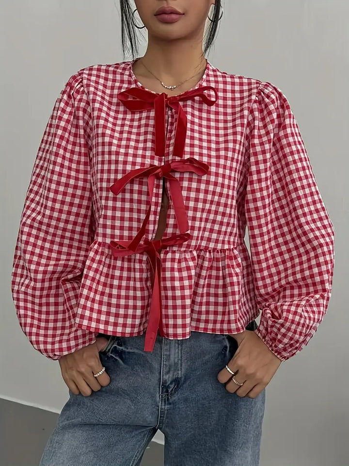 Levoire | Blouse Peplum À Carreaux Avec Ruban Pour Femmes Rot