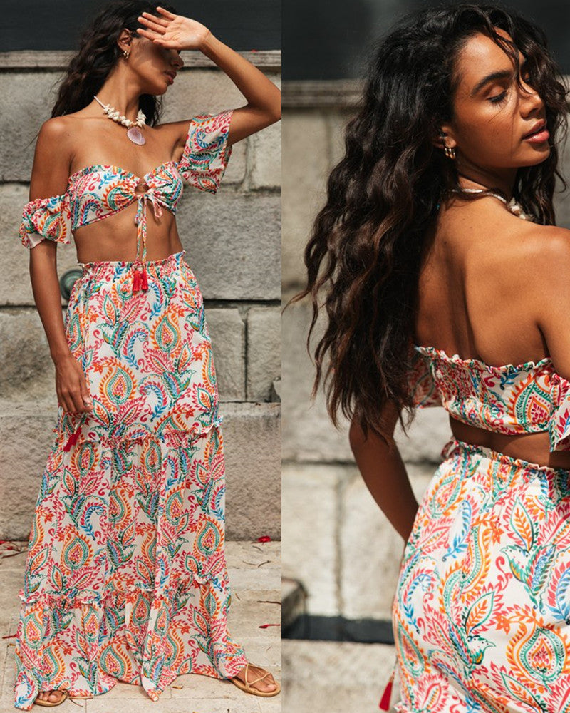 Ensemble Femme Deux Pièces avec Haut et Jupe Maxi avec Motifs Floraux Levoire
