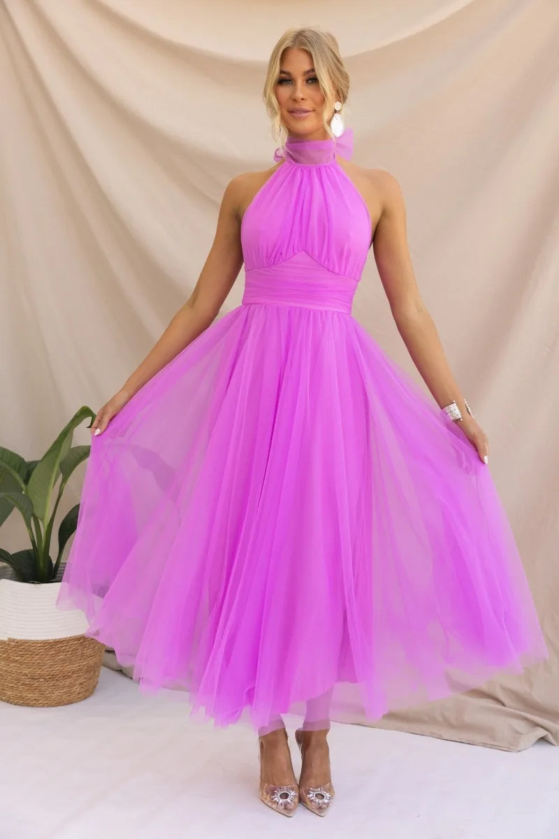 Levoire | Robe Midi En Tulle À Dos Nu Fuchsia (Rupture de stock rapide)