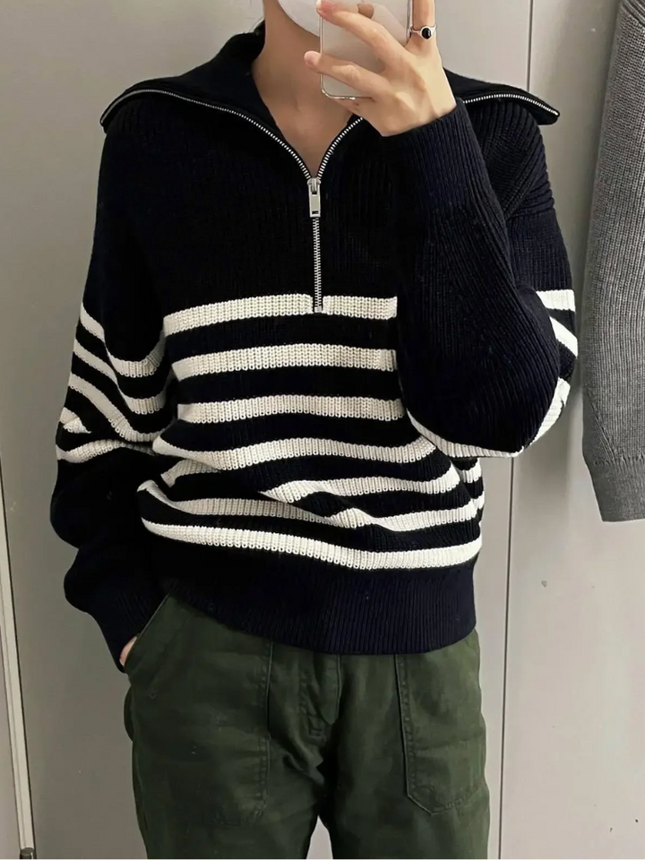Levoire | Pull à fermeture éclair pour femmes Pull rayé, Modèle confortable Noir-Blanc