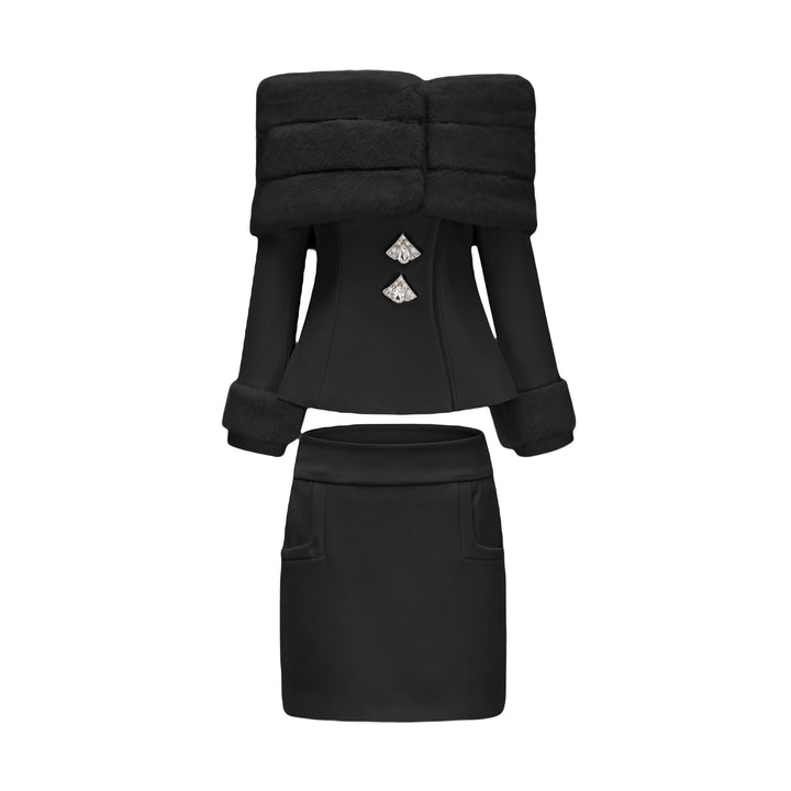 Levoire | Veste En Fausse Fourrure Blanche & Jupe Ensemble Assorti Noir