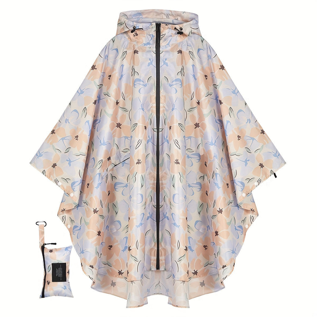 Levoire | Poncho De Pluie Imperméable À Motif Floral Avec Capuche Et Poche Zippée Fleur bleue