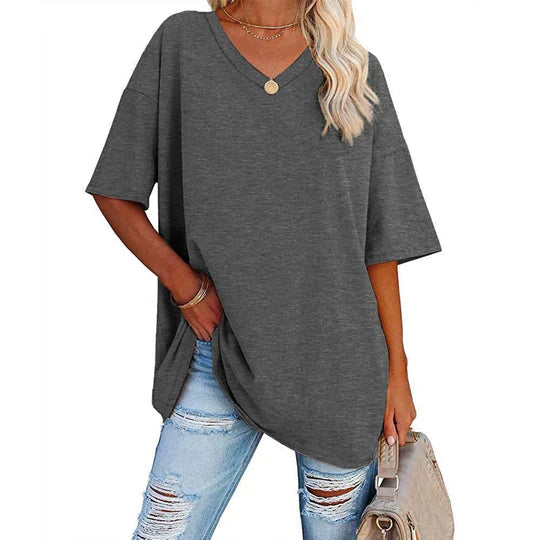 Levoire | T-Shirt Décontracté À Col En V Surdimensionné Pour Femmes Gris foncé