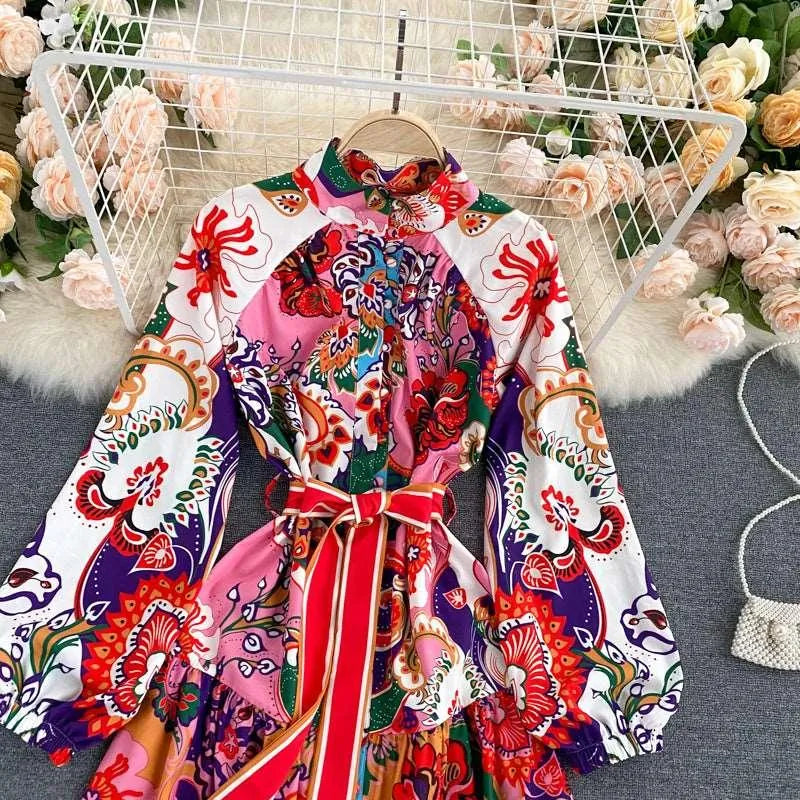 Levoire | Robe Imprimée de Style Bohème avec Encolure Ronde et Partie Taille
