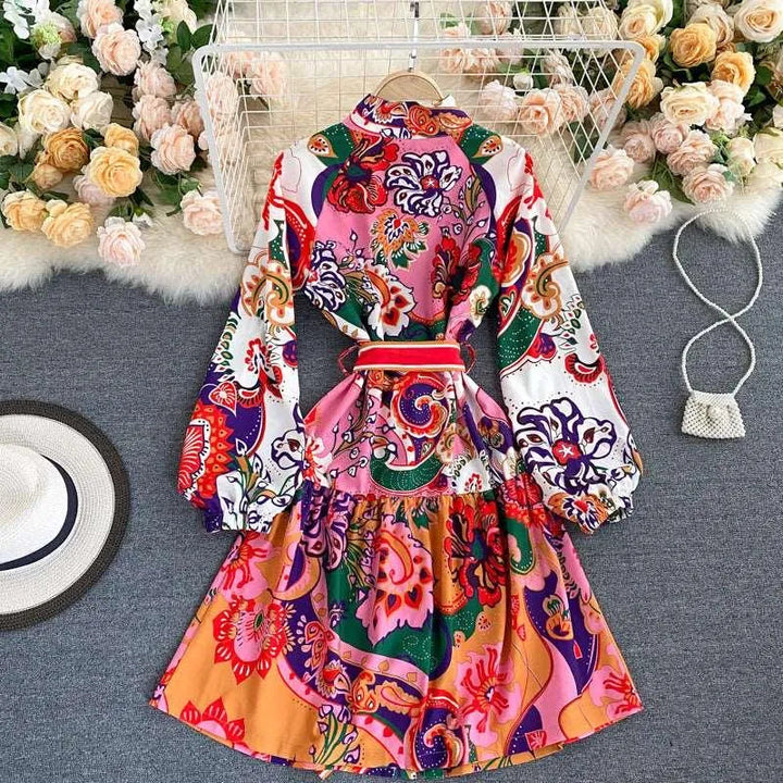 Levoire | Robe Imprimée de Style Bohème avec Encolure Ronde et Partie Taille