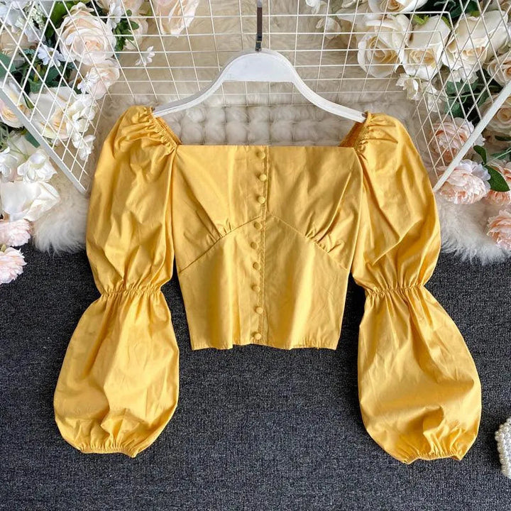 Levoire | Chemisier non mélangeant avec fermeture à boutons et col carré français Jaune Une taille