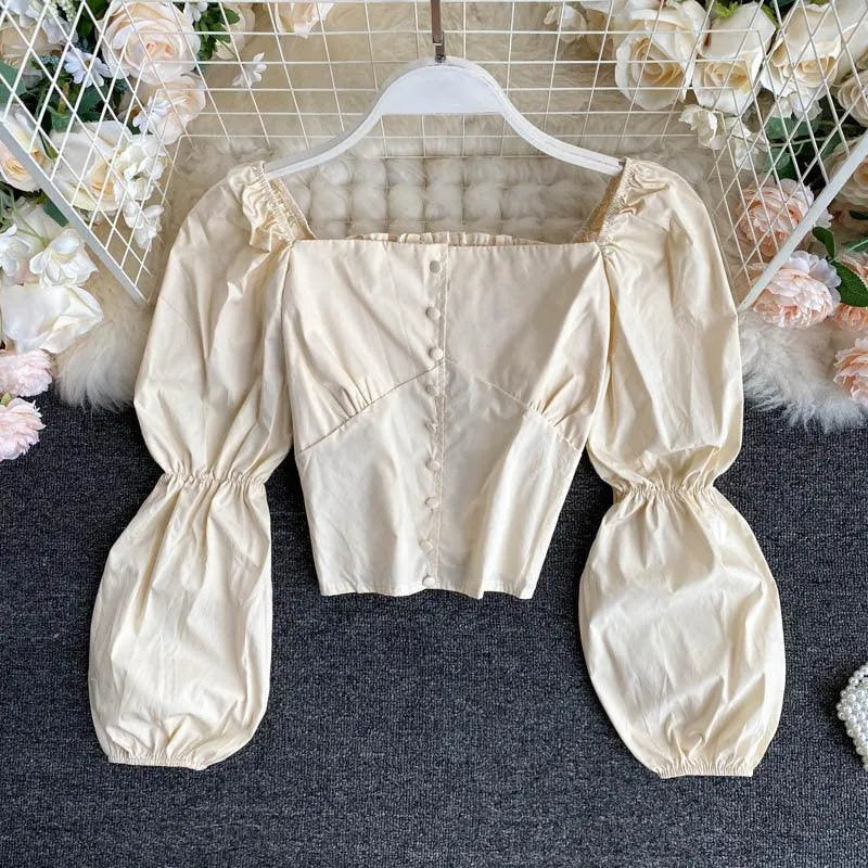 Levoire | Chemisier non mélangeant avec fermeture à boutons et col carré français Beige Une taille