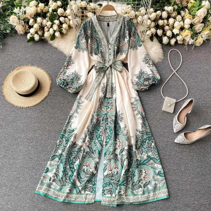 Levoire | Robe Fine Col V Rétro Vert