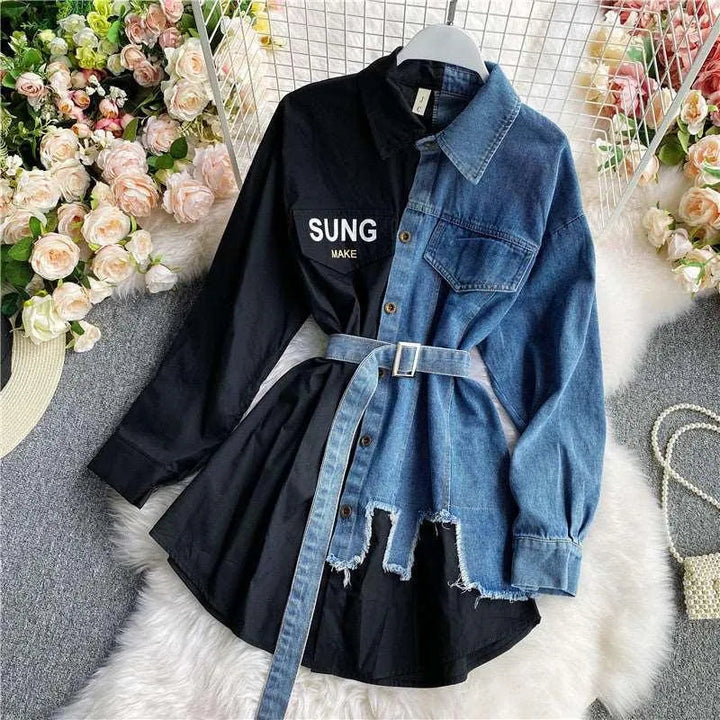 Levoire | Robe femme à manches longues et imprimés en denim Noir Une taille