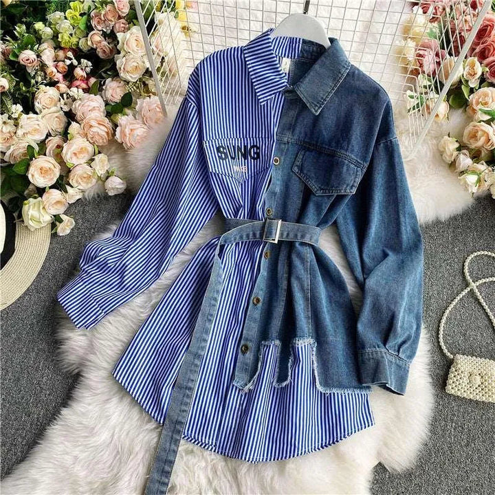 Levoire | Robe femme à manches longues et imprimés en denim Bleu Une taille