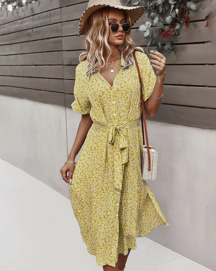 Levoire | Robe D'Été Élégante Pour Femmes Nouvelle Robe À Fleurs À Lacets Imprimée Jaune