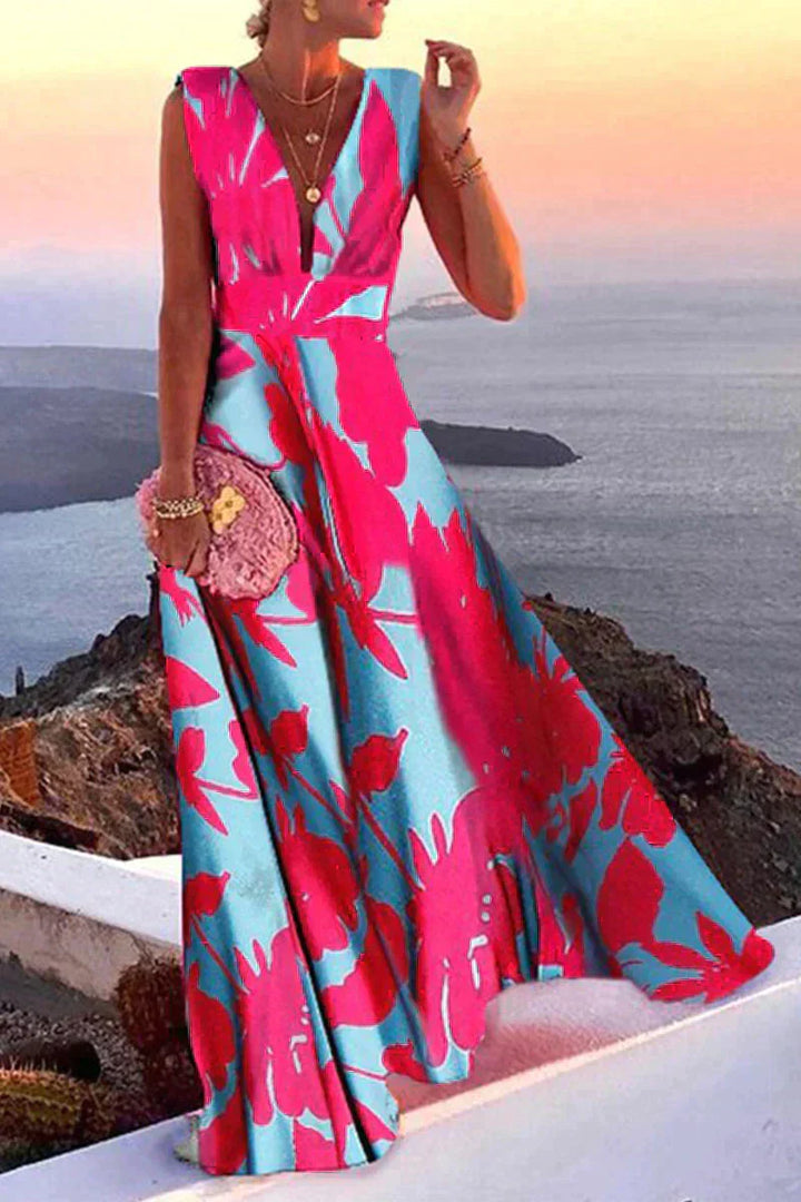 Levoire | Élégant Robe Longue À Col V Rose Bleu