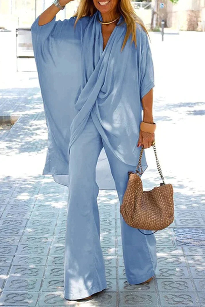 Levoire | Encolure En V Asymétrique Manches Demi Longueur Ensemble À Deux Pièces Bleu ciel