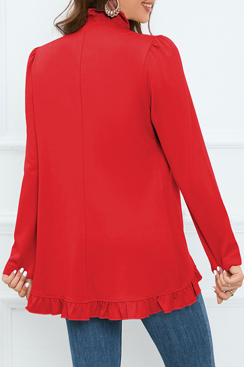 Levoire | Élégante Chemise Ruffle À Boucle Unie Col En Feuille De Lotus Vêtements D'Extérieur