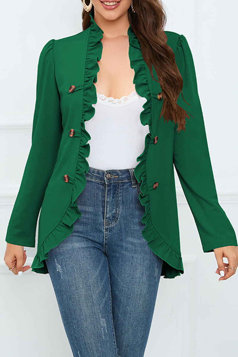 Levoire | Élégante Chemise Ruffle À Boucle Unie Col En Feuille De Lotus Vêtements D'Extérieur Vert