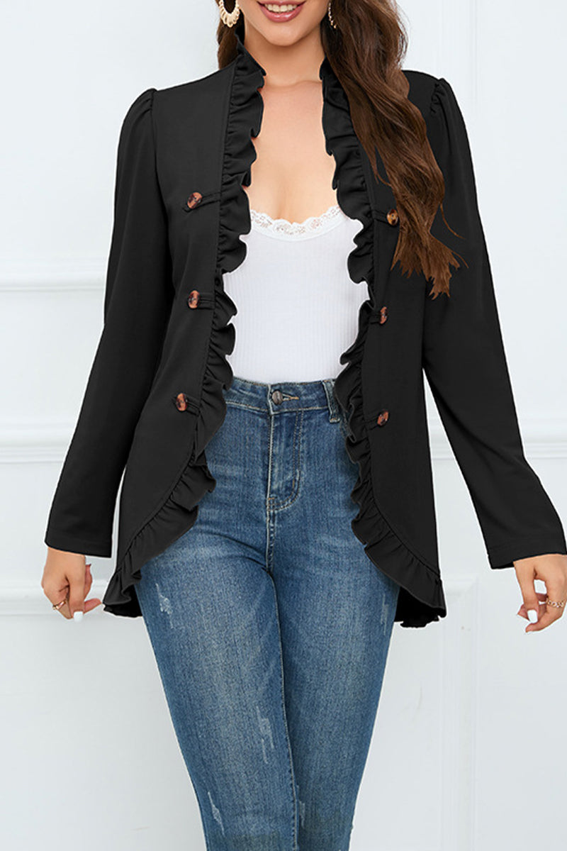 Levoire | Élégante Chemise Ruffle À Boucle Unie Col En Feuille De Lotus Vêtements D'Extérieur Noir