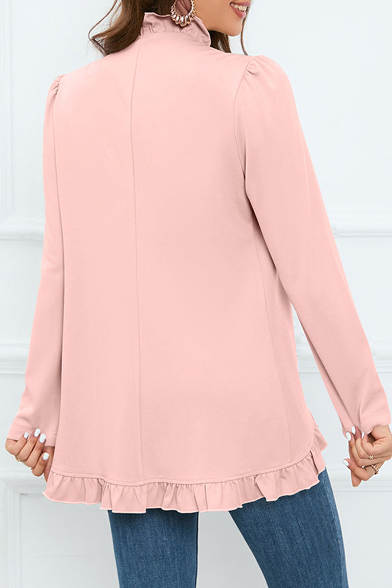 Levoire | Élégante Chemise Ruffle À Boucle Unie Col En Feuille De Lotus Vêtements D'Extérieur