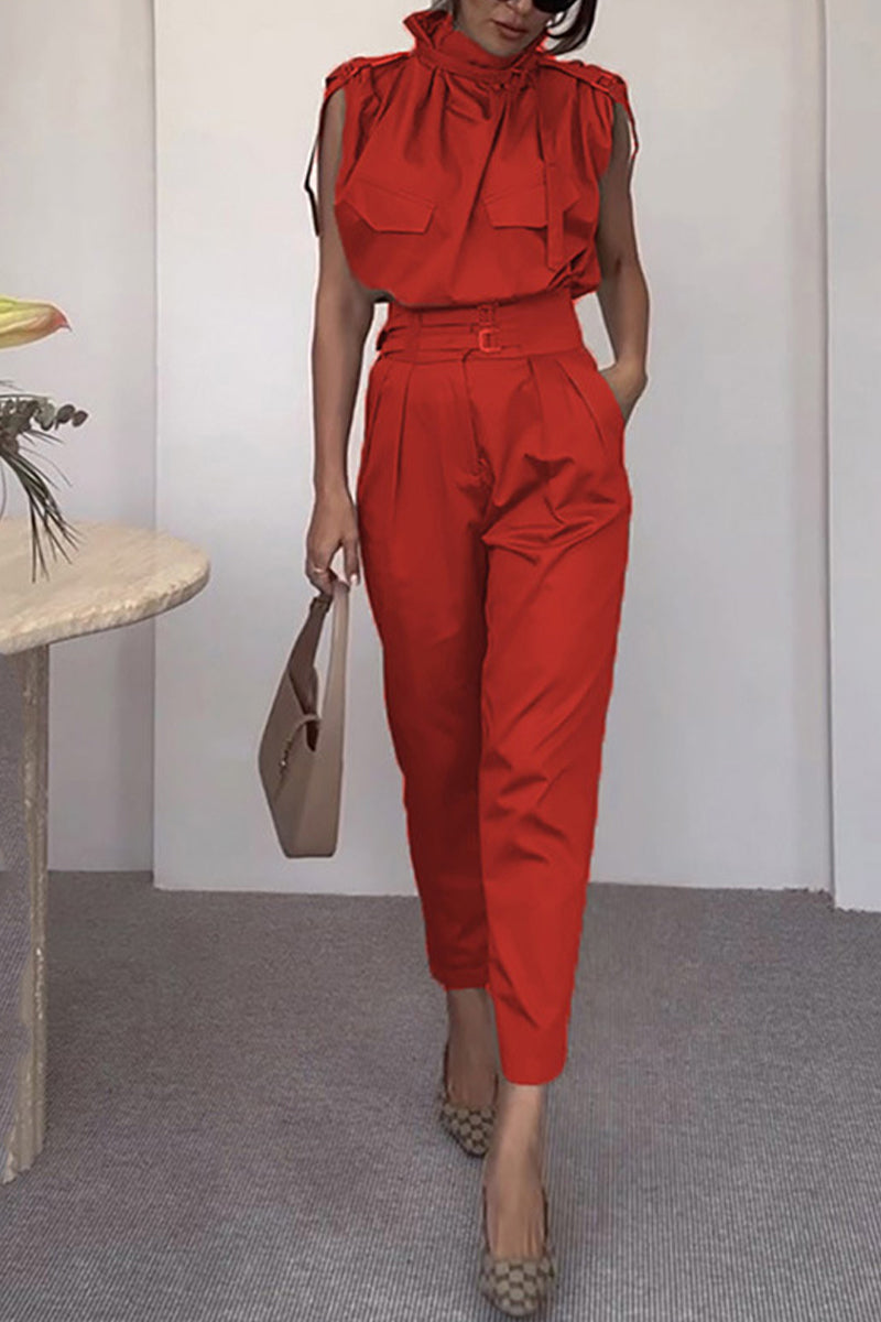 Levoire | Rue Élégante Solide Patchwork Col Roulé Jumpsuits Réguliers Rot