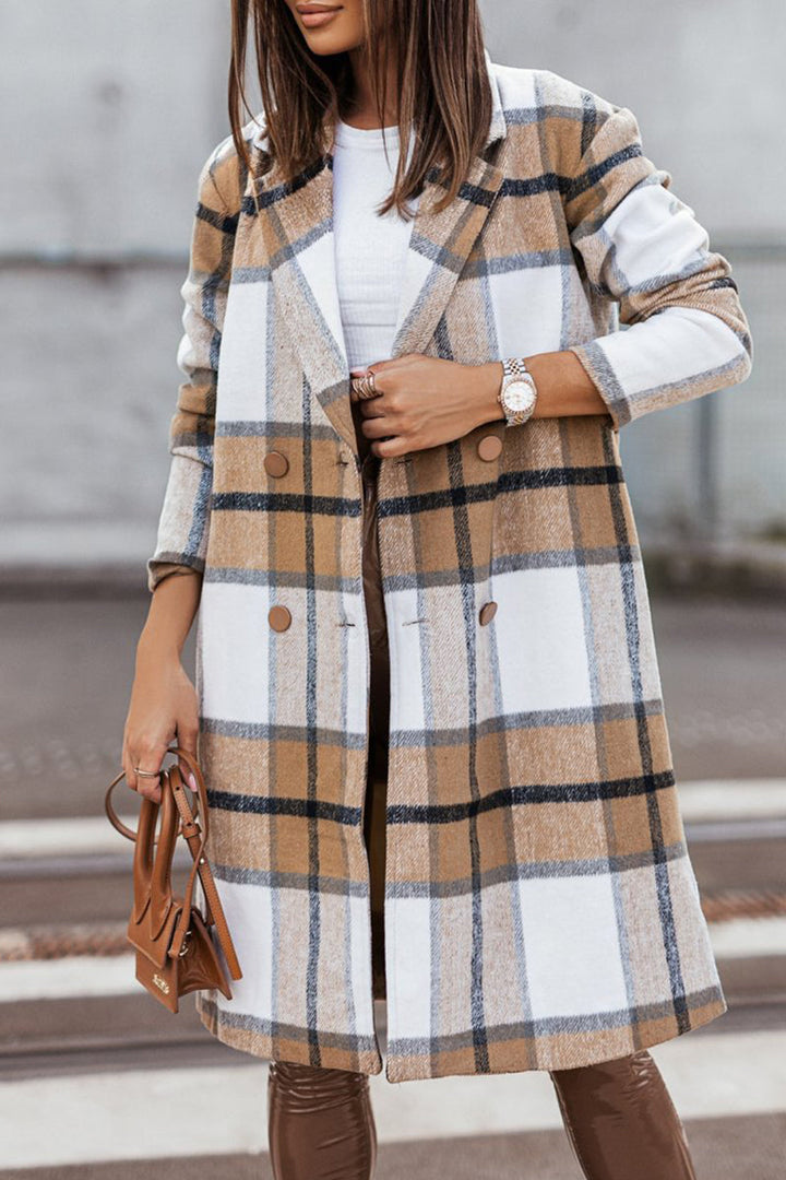 Levoire | Style Britannique Élégant À Motifs À Carreaux Contrastés Avec Col Retourné Outerwear Khaki