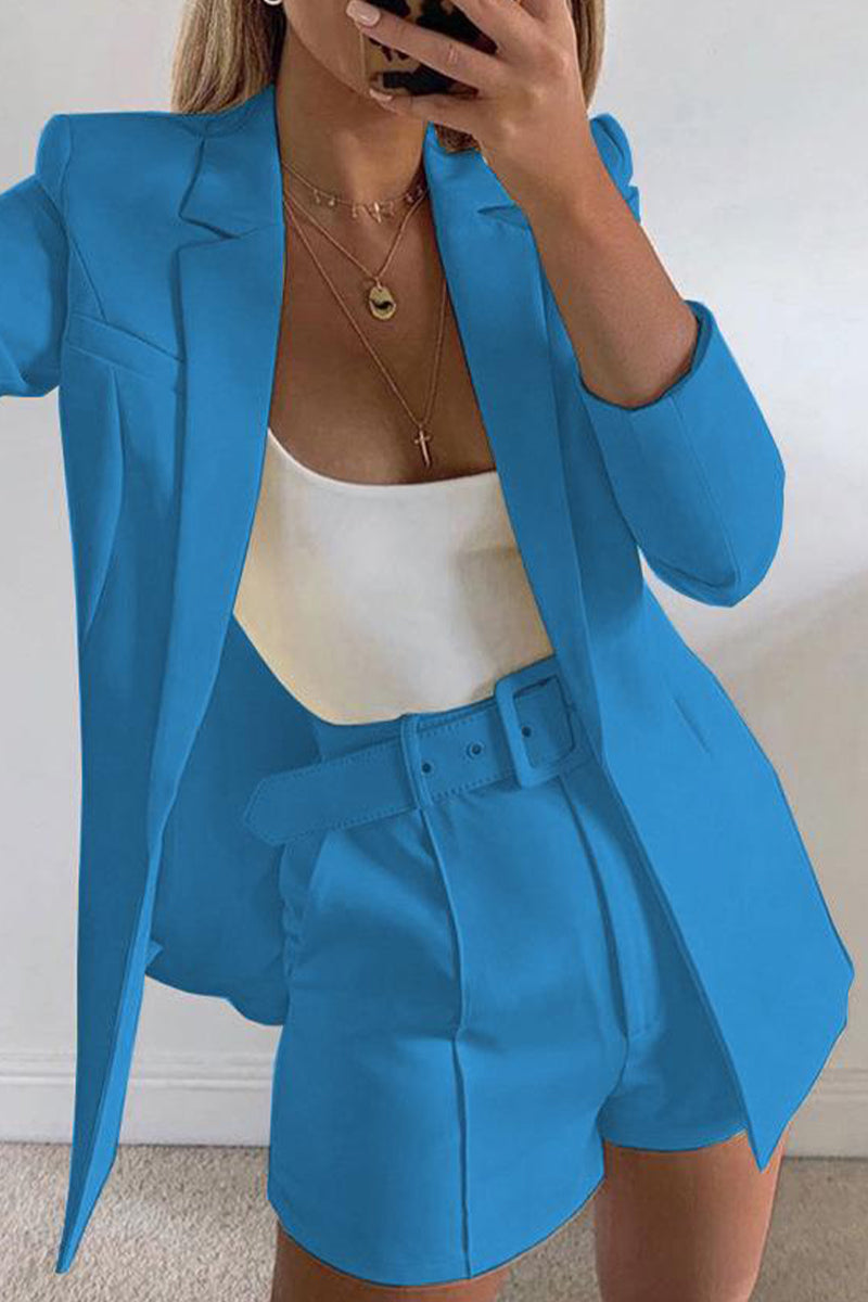 Levoire | Manteau De Costume À Revers Élégant À Manches Longues Et Shorts De Costume Étroits En Deux Pièces Bleu