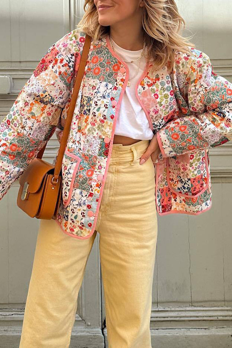 Levoire | Doux Imprimé Fleurs Patchwork Décolleté Vêtement D'Extérieur Rosa