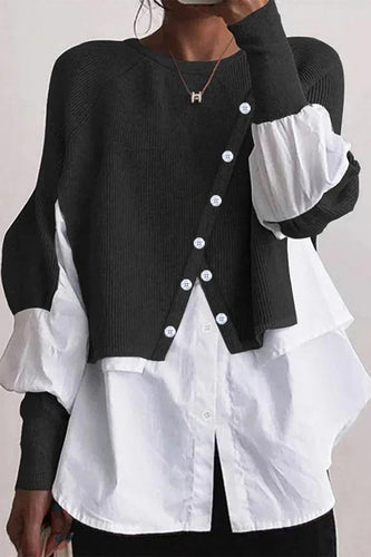 Levoire | Décontracté Solide Patchwork Boutons O-Cou Tops
