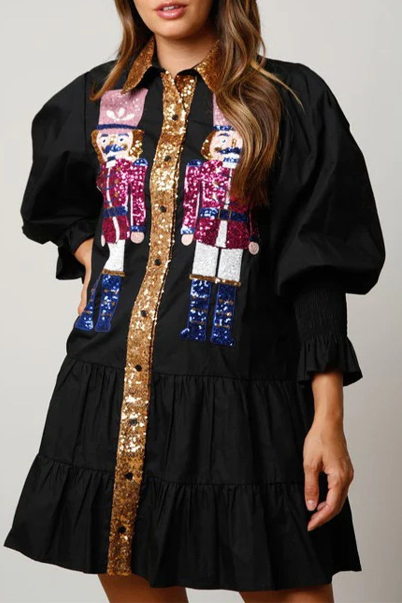 Levoire | Robe À Manches Longues En Contraste De Sequins Doux Et Solides Avec Col Replié Noir