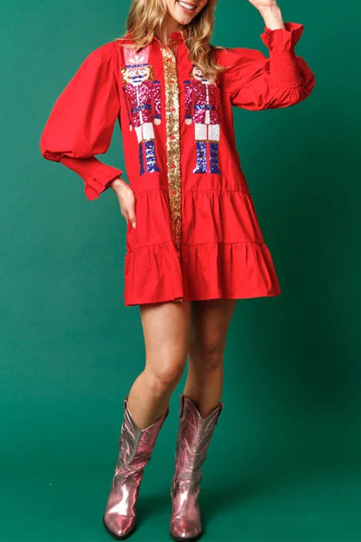 Levoire | Robe À Manches Longues En Contraste De Sequins Doux Et Solides Avec Col Replié