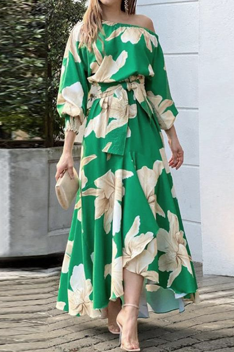 Levoire | Élégantes Florales Avec Nœud Col En Biais Robe Irrégulière Robes Vert