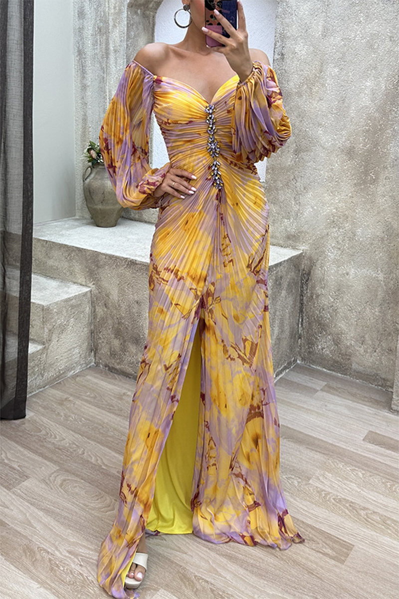 Levoire | Robe De Soirée À Encolure En V À Plis Avec Changement De Couleur Progressif Élégant Jaune