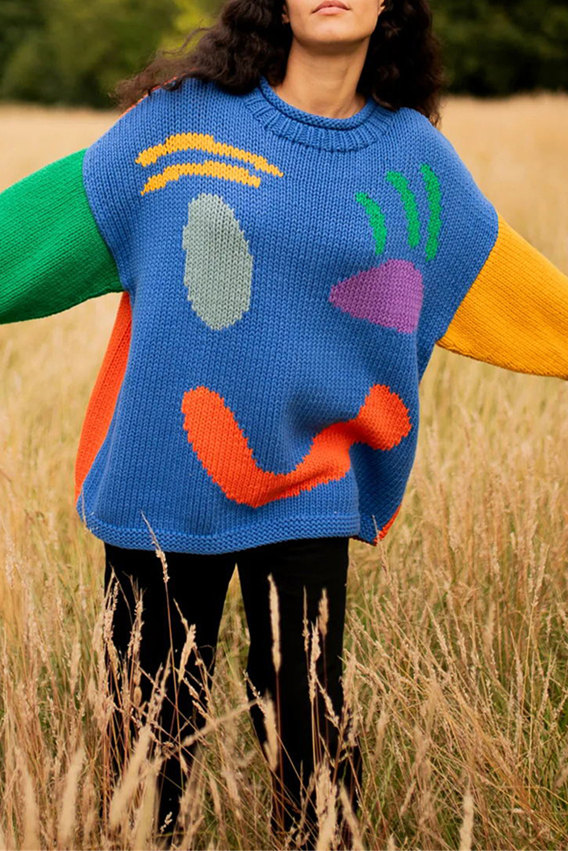 Levoire | Pull Rond Col Contrasté Uni Décontracté Bleu