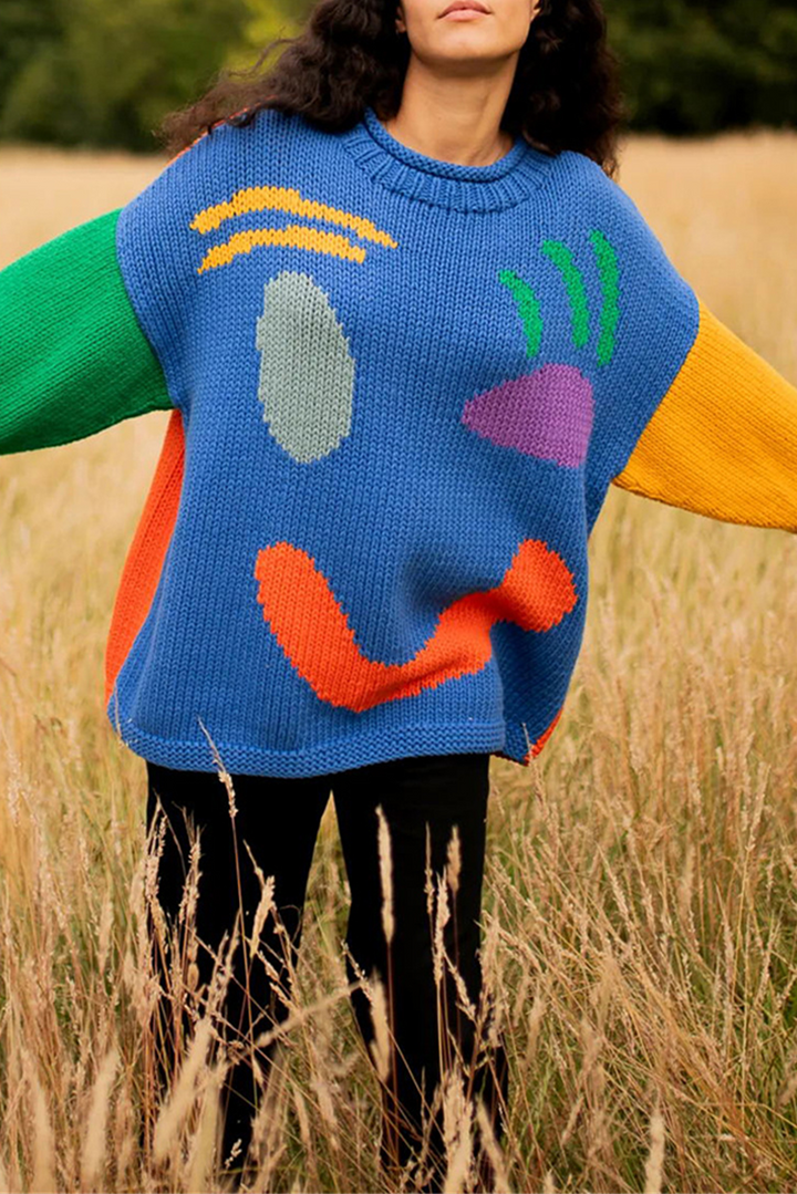 Levoire | Pull Rond Col Contrasté Uni Décontracté Bleu