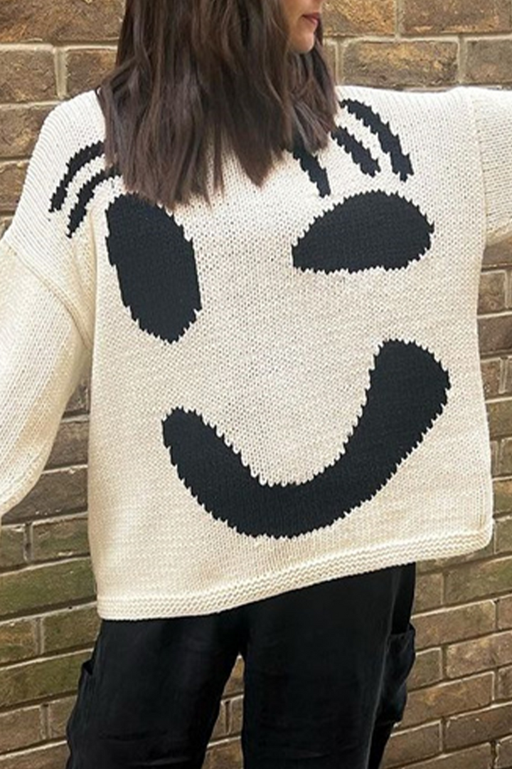 Levoire | Pull Rond Col Contrasté Uni Décontracté Crème Blanc