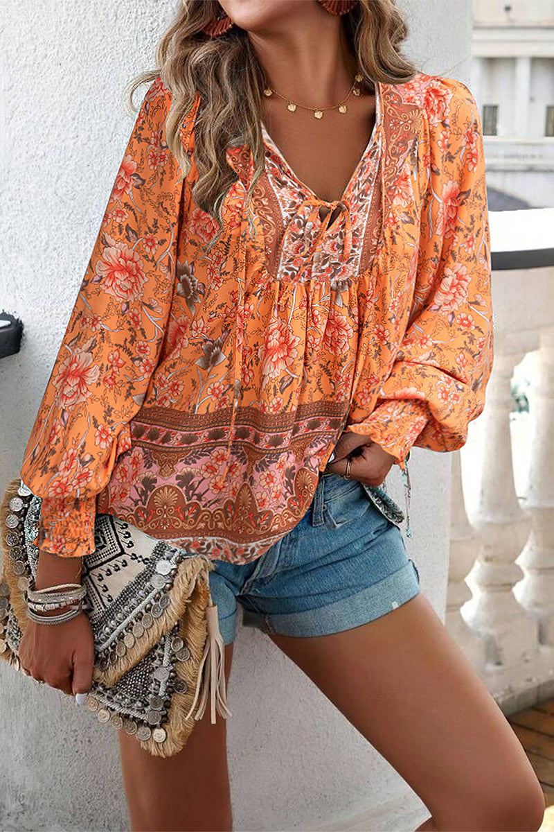Levoire | Élégante Bandage Fleurs Col En V Tops Orange