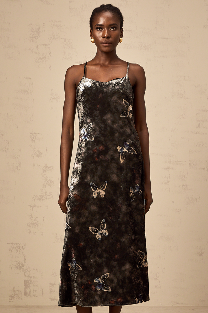 Levoire | Robe Midi En Velours Avec Imprimé Papillon Noir