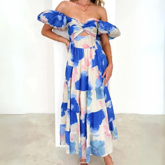 Levoire | Robe Longue Avec Un Motif Floral Raffiné Bleu Fonce